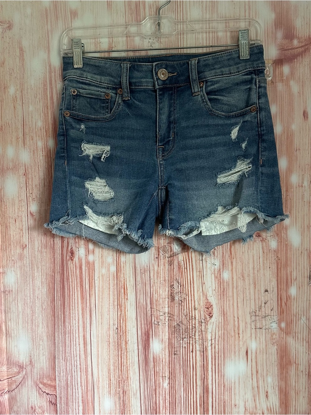American Eagle Next Level Stretch Midi Frayed Hem Denim Shorts Size 2